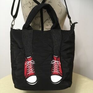 💐Simon Chang Quilted Crossbody Tote Bag Black w/Red Sneakers Appliqués